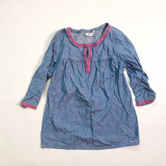 Vineyard Vines Chambray Tunic with Pink Embroidery Trim, Size 14 - Picture 1 of 4